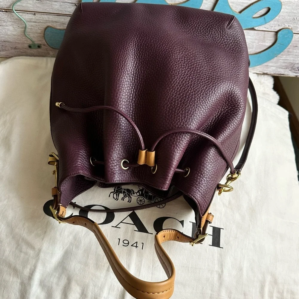 COACH EGGPLANT DRAWSTRING PEBBLED LEATHER BUCKET HOBO BAG